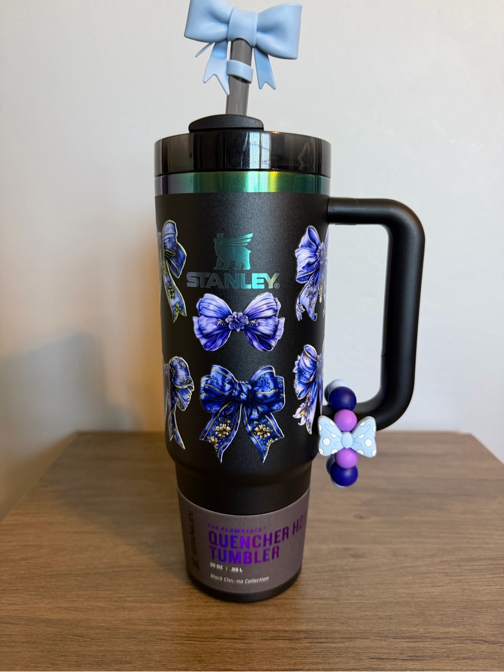 BNWT Stanley Black Chrome Quencher 30oz Tumbler with Blue Bow Decals